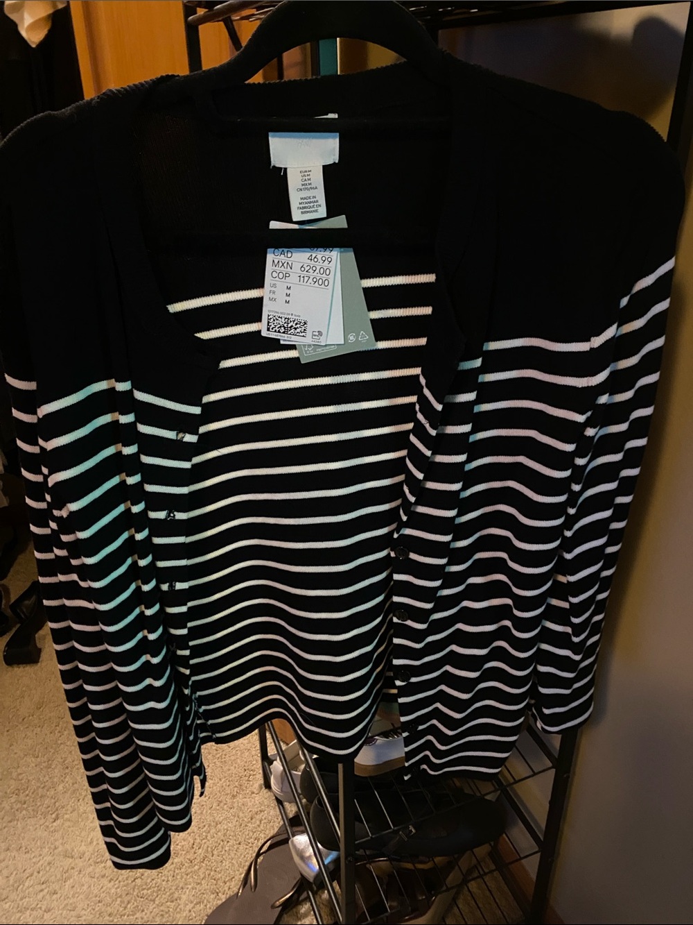 H&M Black and White Striped Open-Front Cardigan